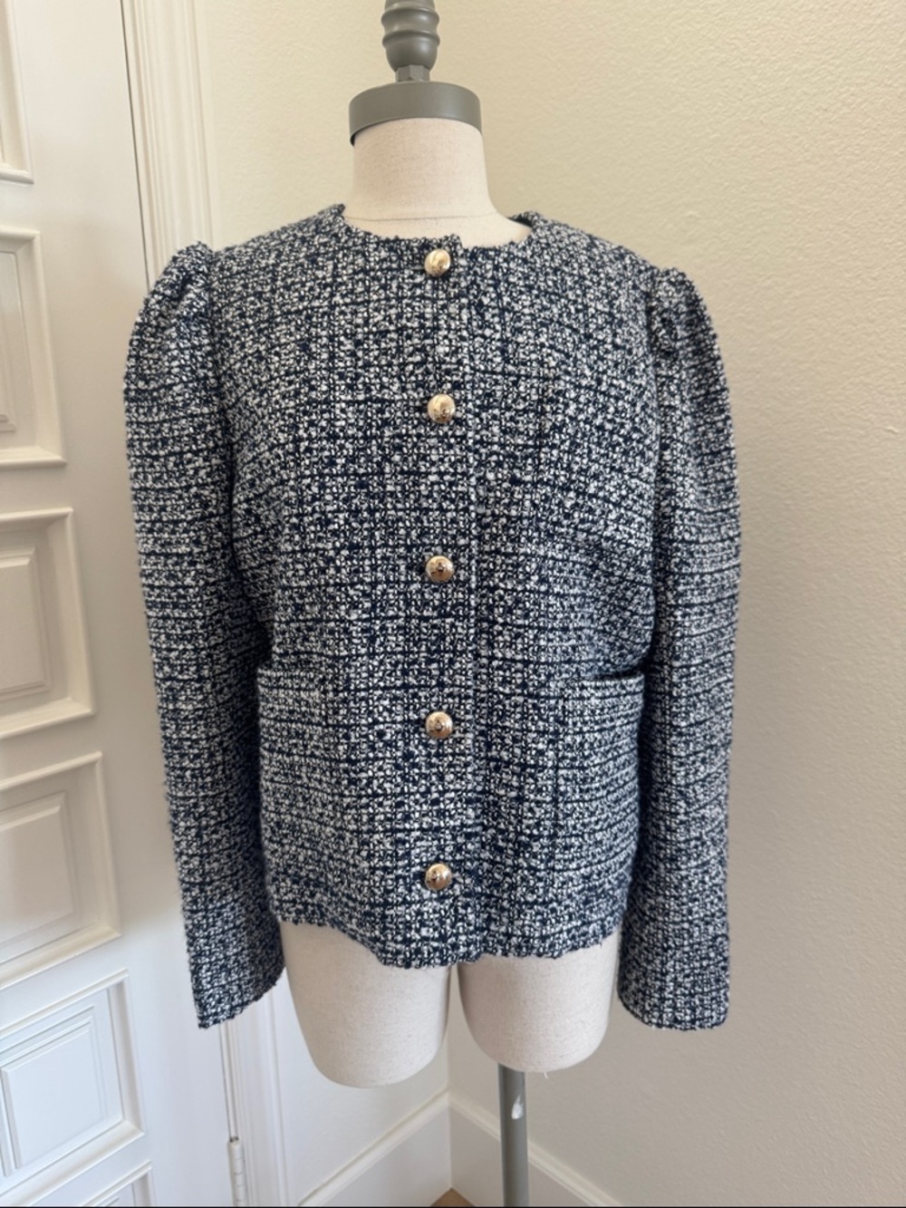 kate spade Navy and White Bouclé Cropped Blazer